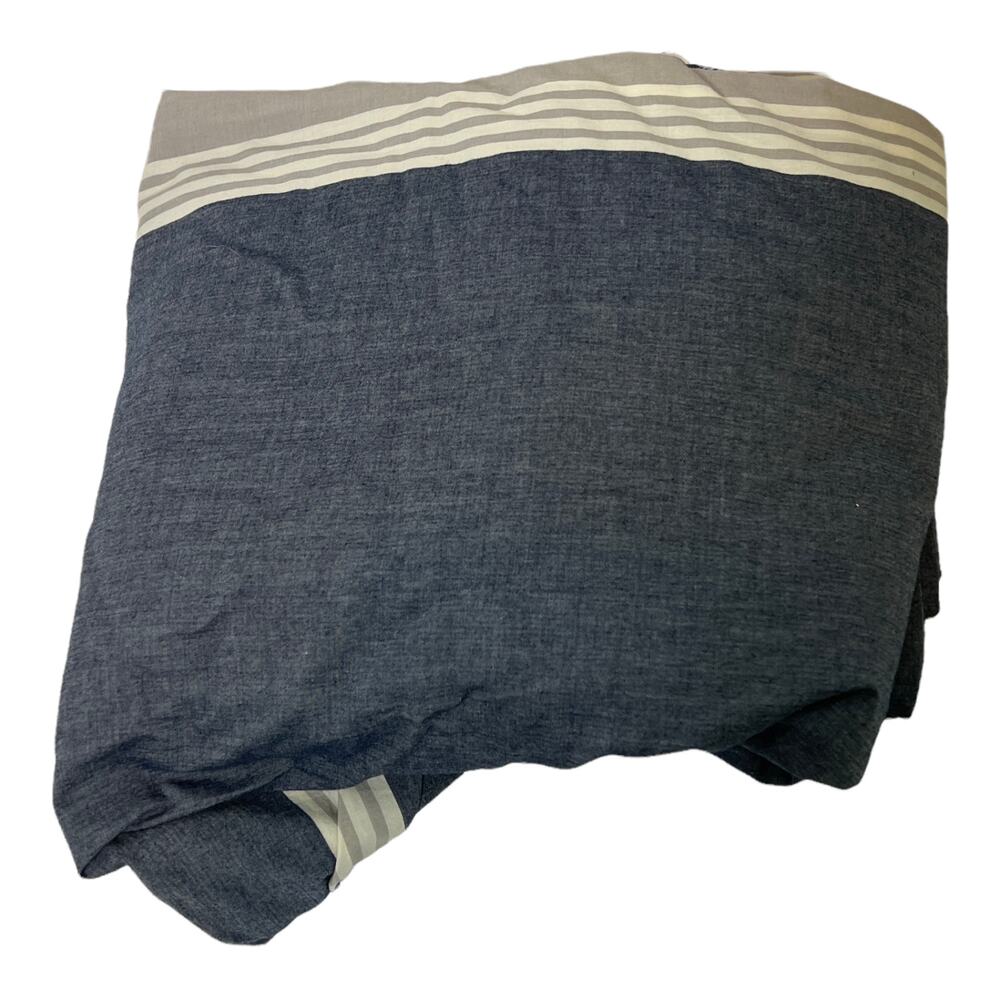 Pottery Barn Duvet‎ Cover Beachstone Slate Blue Cream Stripe F/Q Cotton 90"X88"
